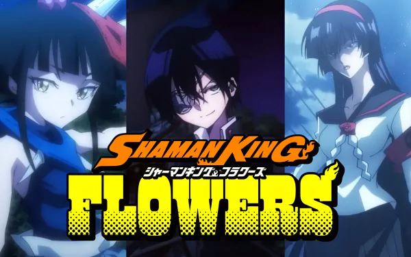 HD desktop wallpaper featuring characters from the anime Shaman King Flowers with the series logo prominently displayed.