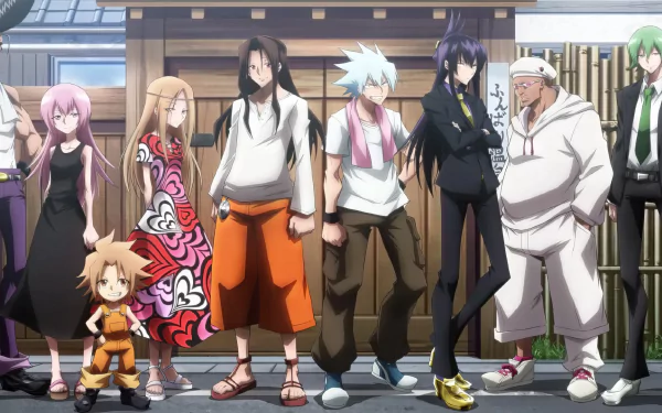HD desktop wallpaper featuring characters from Shaman King Flowers anime lined up against a traditional Japanese backdrop.