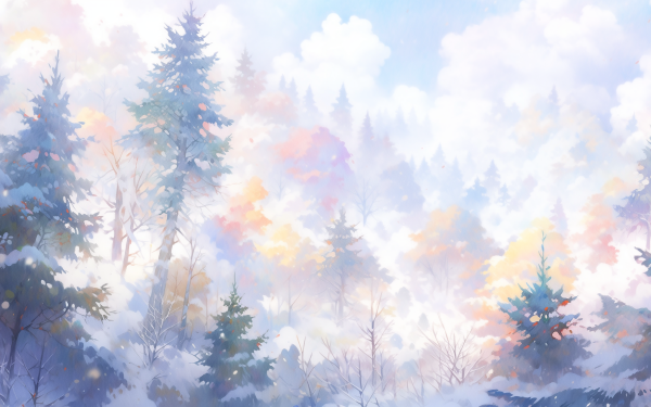 HD desktop wallpaper featuring a snowy forest with evergreen trees and pastel-colored sky, ideal as a serene winter background.
