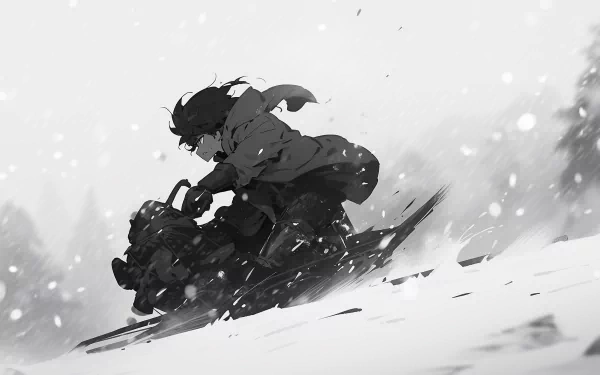 Monochrome HD desktop wallpaper featuring a dynamic illustration of a person sledding down a snow-covered hill, with snowflakes adding to the wintery atmosphere.