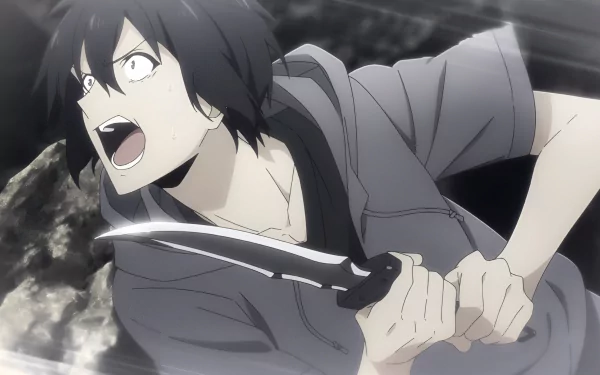 HD anime wallpaper featuring Sung Jin-Woo from Solo Leveling, depicted in intense action holding a dagger.