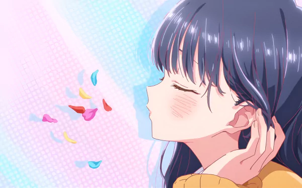 HD anime desktop wallpaper featuring Anna Yamada from The Dangers in My Heart, with soft pastel tones and petals gently floating in the air.