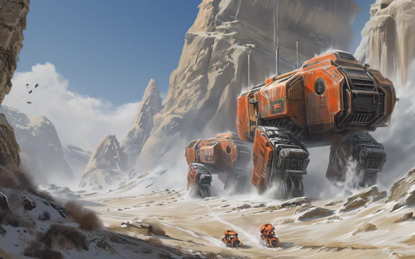 Sci-fi vehicles traversing a desert canyon HD wallpaper, futuristic orange sci-fi transport on an alien planet desktop background.