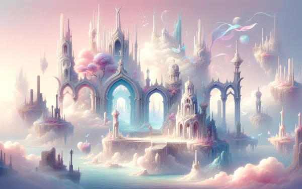 HD wallpaper of a whimsical fantasy castle amidst clouds with ethereal colors and dreamy architecture.