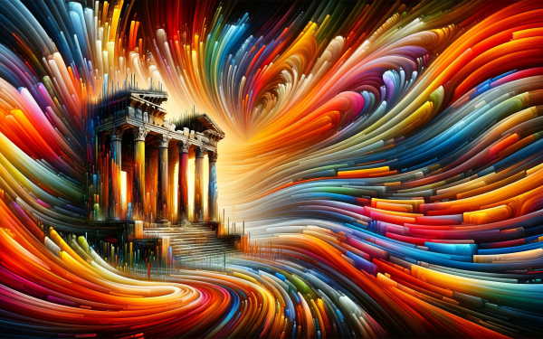 Surreal HD wallpaper featuring colorful abstract swirls surrounding a vividly rendered ancient ruin, perfect for a dynamic desktop background.