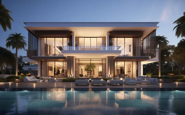 A stunning luxury modern home featuring expansive glass walls, a spacious pool, and lush palm trees, creating an inviting atmosphere for relaxation and elegance. HD desktop wallpaper.