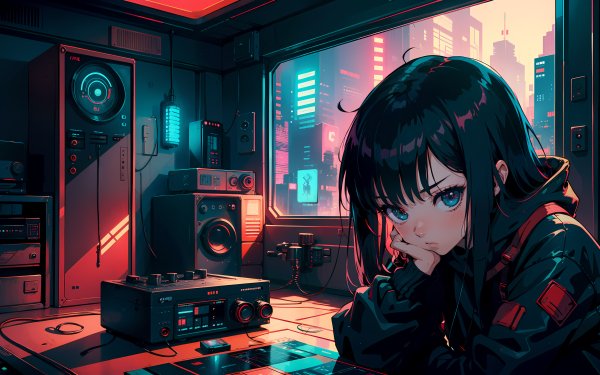 Anime girl with dark hair in a lofi-inspired room with speakers and cityscape view, perfect for HD desktop wallpaper and background.