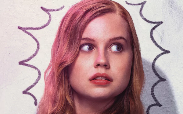 A close-up of a woman with long, wavy hair and a thoughtful expression, set against a colorful background, from the movie Mean Girls (2024) as a vibrant HD desktop wallpaper.