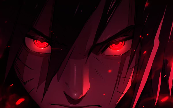 HD Anime wallpaper featuring a close-up of Madara Uchiha from Naruto with glowing red eyes and a dark, ominous background.