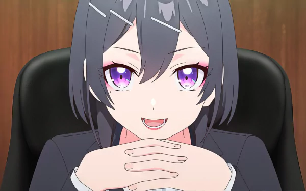 Anime character from Sasaki and Peeps with purple eyes smiling, HD desktop wallpaper.