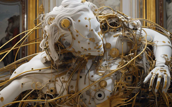 A captivating sculpture of a humanoid figure entwined with intricate wires and golden elements, merging themes of artificial intelligence and sci-fi art in a stunning HD wallpaper.