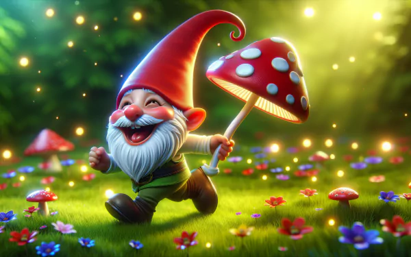 Cheerful gnome carrying a red mushroom umbrella in an enchanted forest, HD desktop wallpaper and background with glowing lights and colorful flowers.