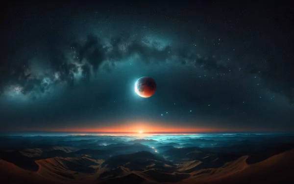 HD wallpaper featuring a stunning lunar eclipse above a desert landscape with starry night sky background for desktop.