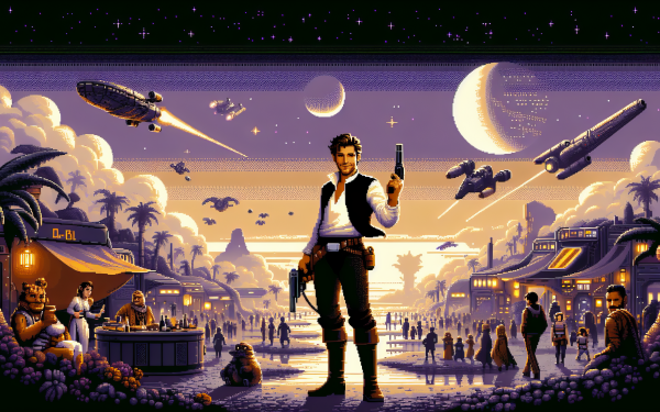 HD pixel art wallpaper featuring a confident character resembling Han Solo with a blaster in hand, set against a vibrant sci-fi backdrop with spaceships and an alien sunset.