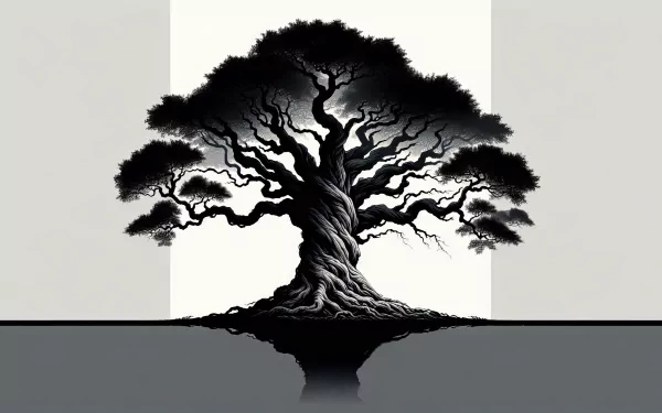 Stunning HD desktop wallpaper featuring a monochrome illustration of a majestic tree with intricate branches and a mirrored reflection on a sleek surface.