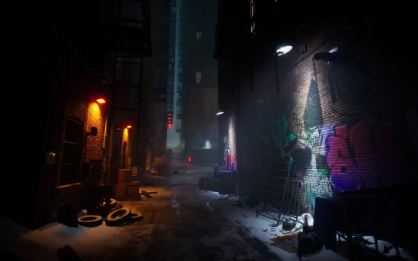 HD desktop wallpaper featuring a dark alley scene from the video game Vampire: The Masquerade - Bloodlines 2, with moody lighting and graffiti walls.