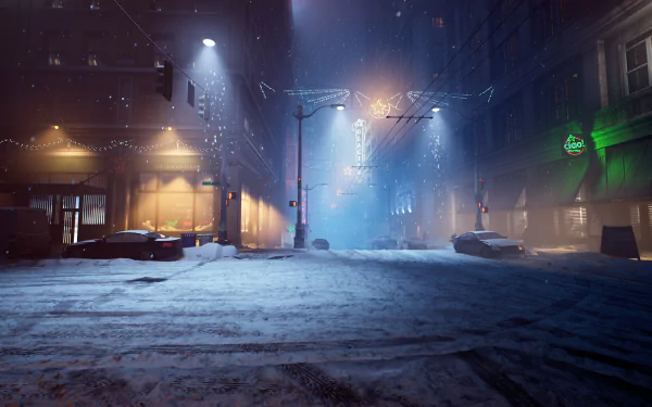 HD desktop wallpaper from Vampire: The Masquerade - Bloodlines 2 showcasing a mysterious, snow-covered street at night with ambient city lights.