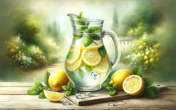 HD desktop wallpaper featuring a refreshing lemonade pitcher with sliced lemons and mint leaves, set against a soft-focus garden background.