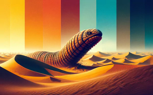 HD wallpaper of a massive sandworm emerging from desert dunes against a striped sunset-colored backdrop.