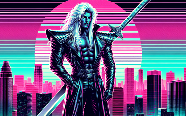 HD wallpaper of Sephiroth from Final Fantasy with a vibrant neon cityscape background for desktop.