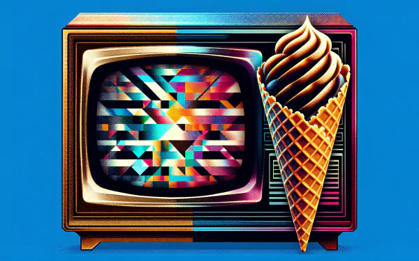 HD wallpaper featuring a waffle cone against a retro television with colorful abstract background.