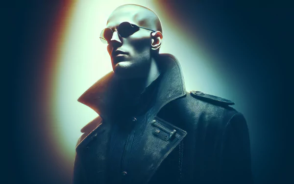 Stylish HD wallpaper featuring a mysterious figure in sunglasses and leather jacket with a dramatic backlight.