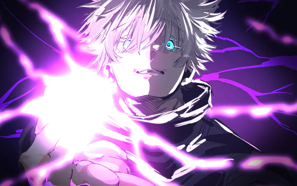 HD anime desktop wallpaper featuring Satoru Gojo from Jujutsu Kaisen with vibrant purple lightning effects, styled with a dynamic Phonk aesthetic.