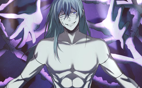 HD anime desktop wallpaper featuring Mahito from Jujutsu Kaisen with a sinister smile and glowing hands against a dark, purple background.