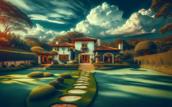 HD wallpaper of a picturesque villa with a lush garden and stepping stone path under a dramatic sky.