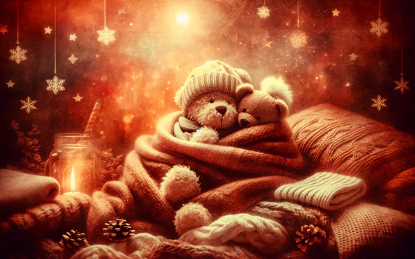 Cozy HD wallpaper featuring a teddy bear cuddling with a smaller teddy in a warmly knit blanket and winter hat, with a magical, starry background.