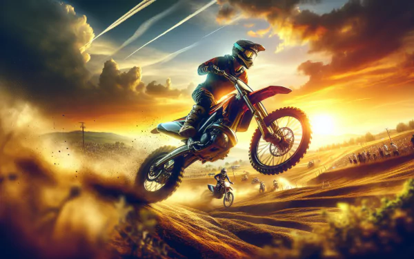 A dynamic dirt bike rider jumps over a sandy terrain at sunset, with dramatic clouds and fellow riders in the background, creating an exhilarating HD desktop wallpaper.