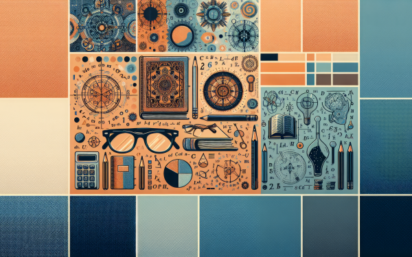 HD nerd-themed desktop wallpaper with a creative collage of vintage gears, mathematical equations, retro eyeglasses, and scientific instruments set against a geometric blue and orange patterned background.