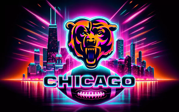 HD Chicago Bears wallpaper featuring a neon-lit bear logo, skyline, and CHICAGO text with a football, set against a vibrant pink and blue background.
