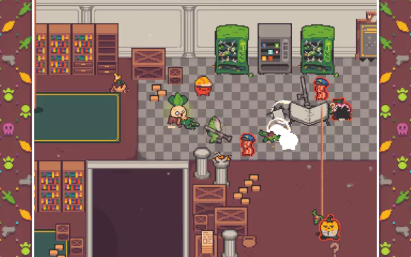 Turnip Boy Robs a Bank game scene with playful characters in HD desktop wallpaper.