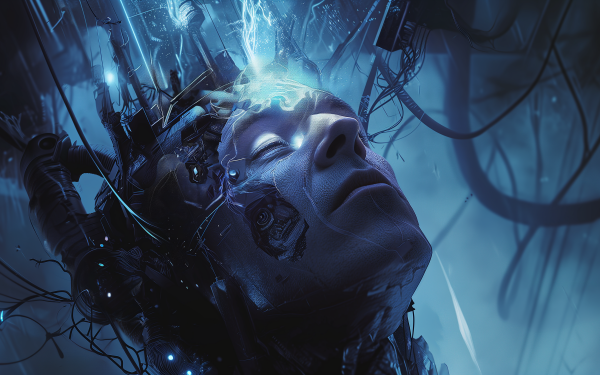HD wallpaper featuring a headshot of an android with glowing blue circuits and wires, depicting advanced artificial intelligence technology.