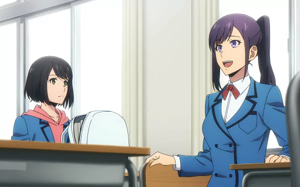 Anime-style Solo Leveling scene featuring two female characters in school uniforms, rendered as a crisp 4K Ultra HD PC desktop wallpaper.