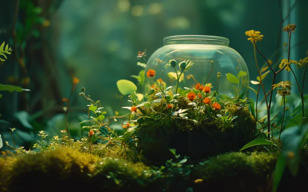 HD desktop wallpaper featuring a serene terrarium with lush greenery and vibrant flowers inside a glass jar, set against a soft, bokeh background.