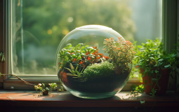 HD desktop wallpaper featuring a vibrant terrarium with lush plants, sitting on a sunlit windowsill.