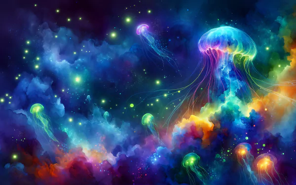 A mesmerizing high-definition wallpaper featuring vibrant jellyfish glowing with bioluminescence, set against a cosmic, colorful background of swirling clouds and stars.