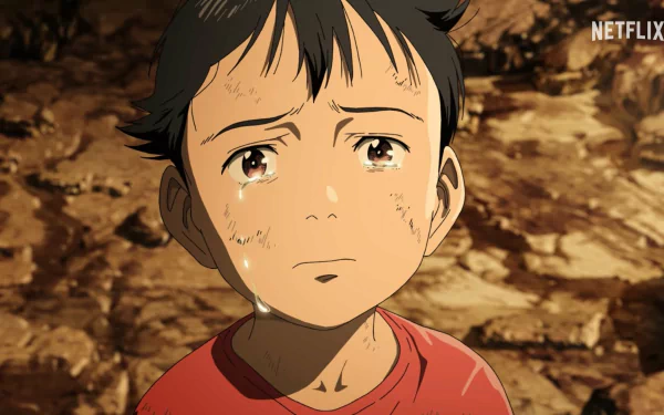 A close-up of a young boy with tears in his eyes, depicted in a dramatic anime style from Pluto (2023), forming an intense and emotional HD wallpaper background.