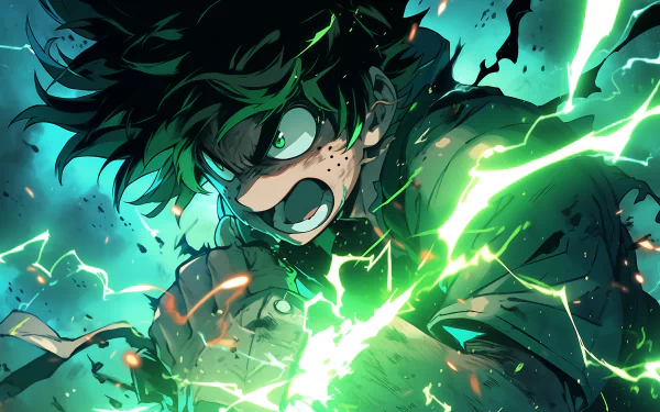 A dynamic HD wallpaper showcasing Izuku Midoriya from My Hero Academia, surrounded by electrifying green lightning, capturing the intensity of his character in a vivid anime style.