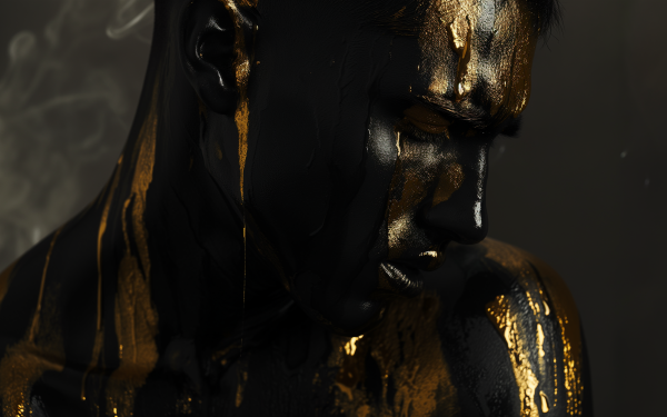 High-definition desktop wallpaper featuring a pensive man with artistic black and golden paint on his body expressing sadness against a dark background.