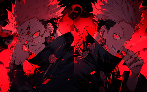 Sukuna from Jujutsu Kaisen anime in a dual-image HD desktop wallpaper with a menacing red background.