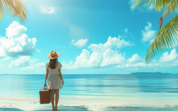 A woman in a white dress and hat stands on a serene beach, gazing at the tranquil ocean and bright blue sky, embodying the essence of a dream vacation.