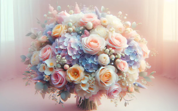 A beautifully arranged wedding bouquet featuring pastel roses, hydrangeas, and decorative elements, presented as a stunning HD desktop wallpaper.
