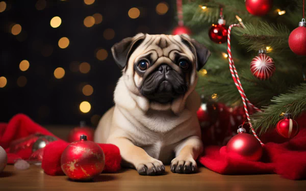 HD wallpaper of an adorable pug dog with a festive Christmas tree and red ornaments, perfect for desktop background during the holiday season.