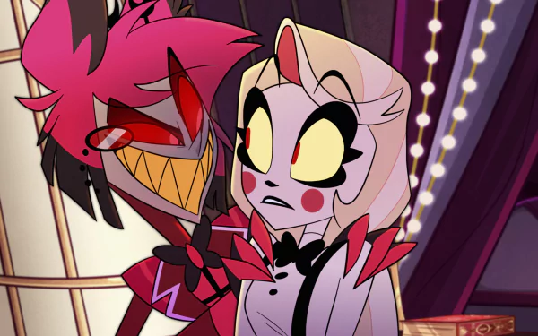 HD desktop wallpaper featuring animated characters Charlie Morningstar and Alastor from the TV Show Hazbin Hotel, with vibrant colors and detailed background.