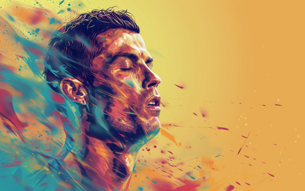 Artistic HD desktop wallpaper featuring a stylized illustration of a soccer player in action, set against a vibrant orange and blue background, ideal for sports enthusiasts.