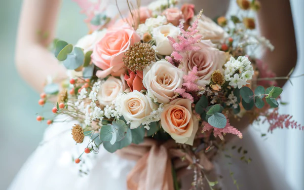 Bride holding a delicate wedding bouquet with pink and cream roses, complemented by greenery and subtle wildflowers, set against a blurred background for a romantic HD desktop wallpaper.