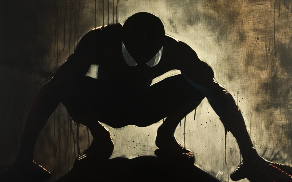 HD desktop wallpaper featuring the silhouette of Spider-Man in a dynamic pose against a textured, grunge background.